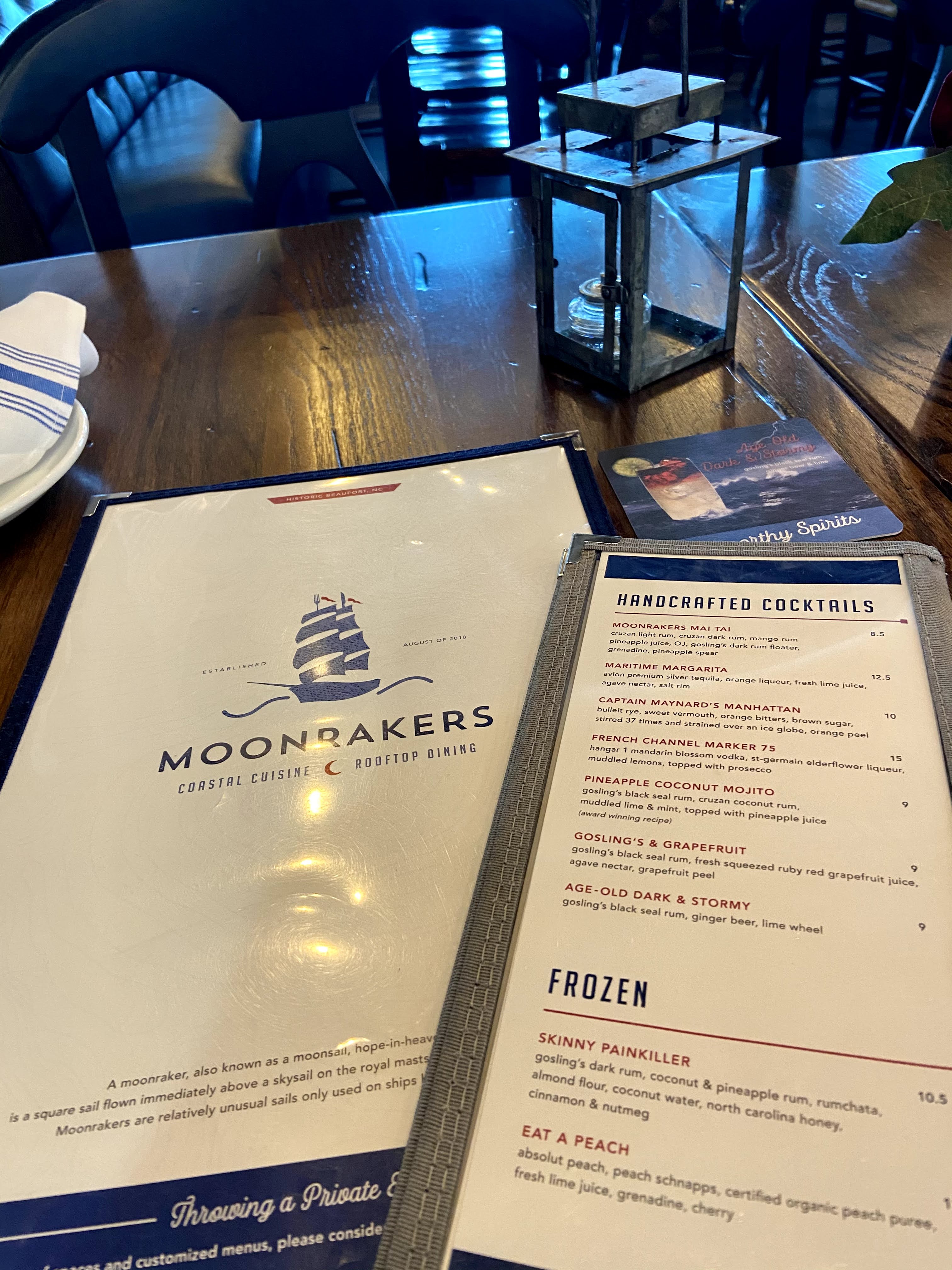 Menu at Moonrakers Beaufort, North Carolina
