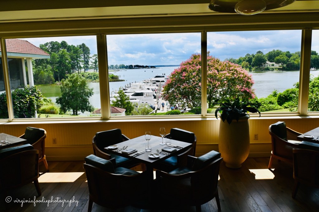 view overlooking Carter’s Creek from inside the salt and Meadow restaurant at the Tides Inn in Irvington Virginia