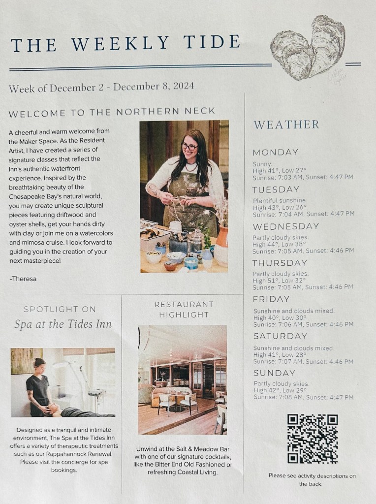 weekly activities schedule inside the room at the Tides Inn